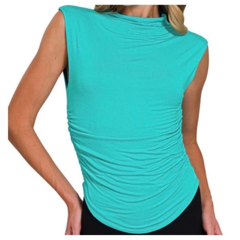 Zenana‎ Women Teal Mock Neck Ruched Side Sleeveless Top Tunic - L
